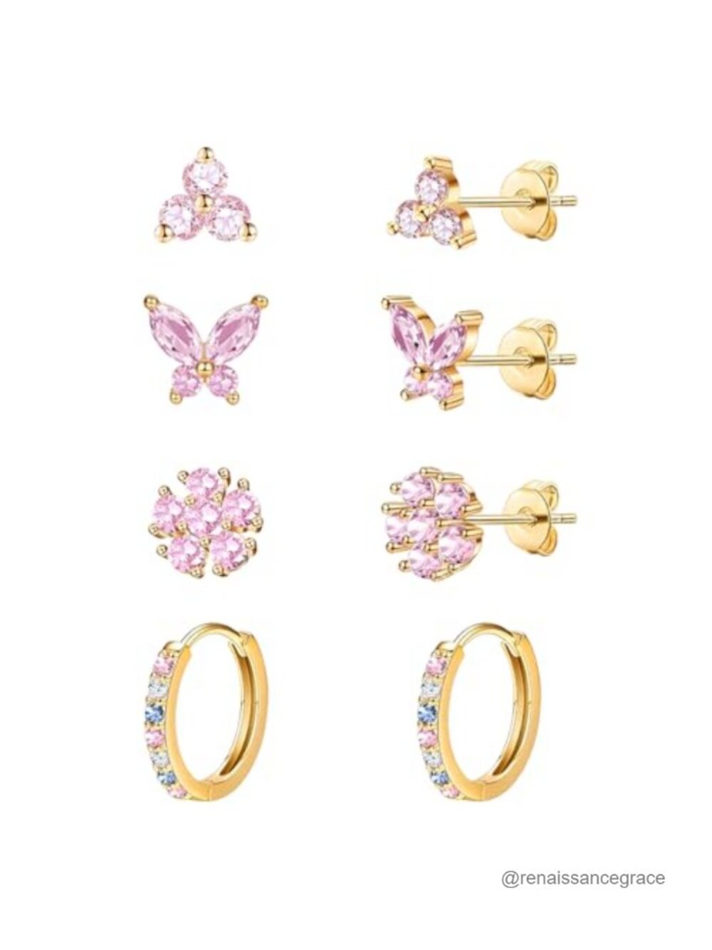 14K Gold Plated Stud Earrings Set for Women, Hypoallergenic, 4 Pairs CZ &
